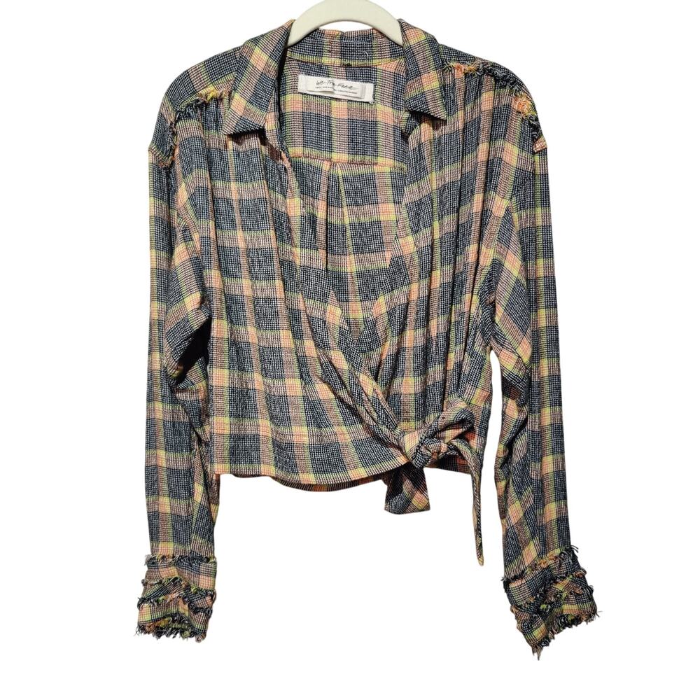 We The Free Plaid Wrap Button-Down Shirt in Navy, Yellow & Tan
